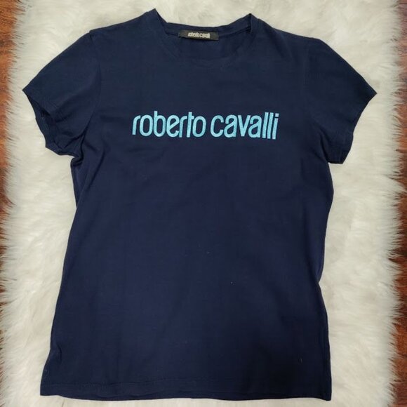 Roberto Cavalli Navy Blue Logo Print Shirt Sleeve T-Shirt Women's Size Large - Picture 5 of 14